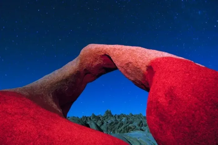 Framed Print : USA, California, Alabama Hills, Night photo of arch in Alabama Hills with colored flash