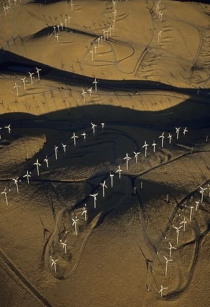USA, California, Altamont Pass, aerial of wind generators on dry hillside