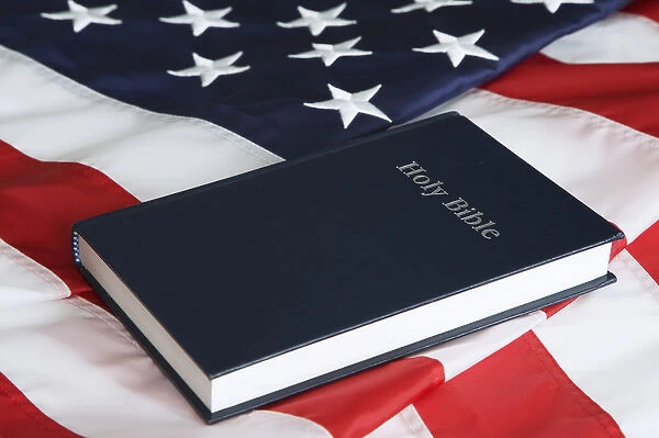 USA, California. American flag and Bible
