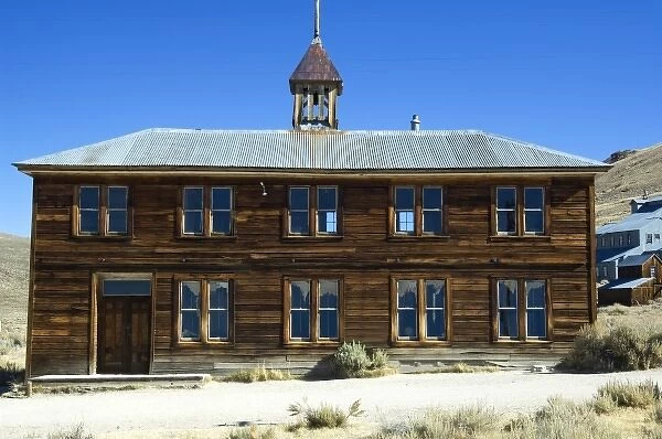 USA, California, Bodie State Historic Park, Abandoned wood schoolhouse with bell tower