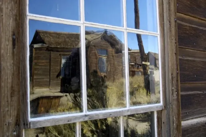 Framed Print : USA, California, Bodie State Historic Park, Ghost town building reflected in window Framed Print : USA, California, Bodie State Historic Park, Ghost town building reflected in window