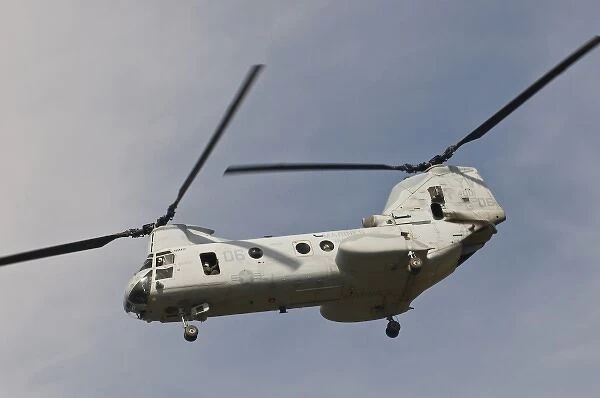 USA, California, CA, Los Angeles. Chinook helicopter flies in to Naval Air Weapons