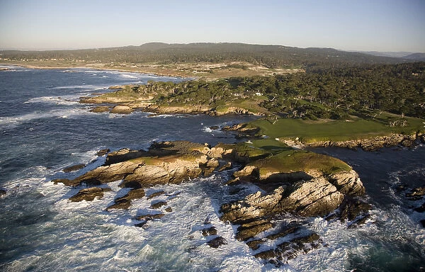 USA. California. Carmel. Aerial of the Pebble Beach Golf course and a sweeping view of the Carmel