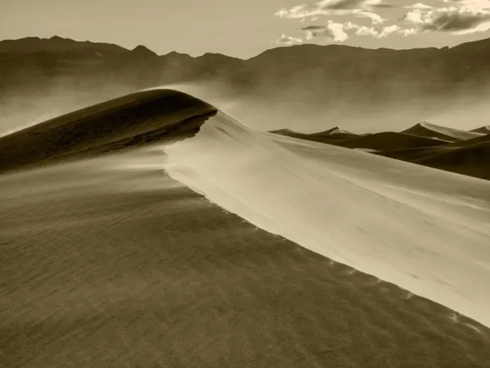Framed Print : USA, California. Death Valley National Park, Mesquite Flats Sand Dunes, blowing sand