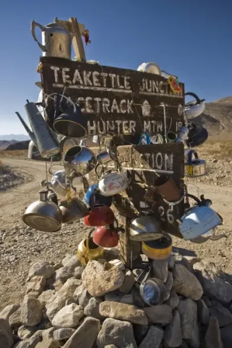 Framed Print : USA, California, Death Valley National Park. Teakettle Junction sign loaded with tea kettles Framed Print : USA, California, Death Valley National Park. Teakettle Junction sign loaded with tea kettles