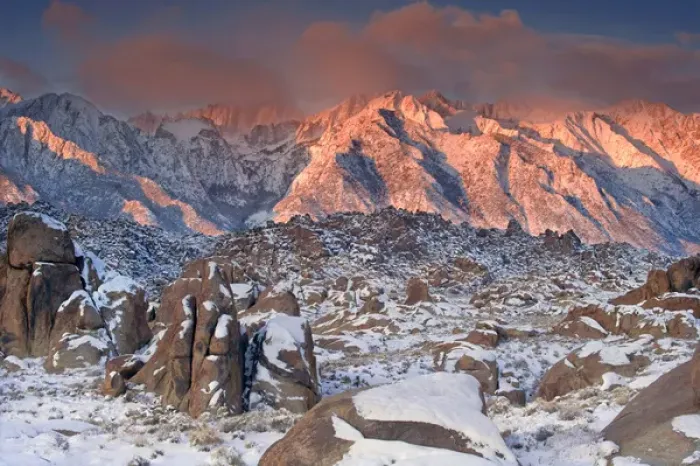 Framed Print : USA, California, Eastern Sierra Mountains. Sunlight on winter landscape in the Alabama Hills