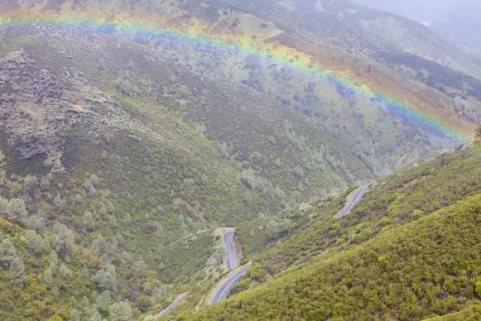 Framed Print : USA, California, Hell Hollow. Rainbow over Highway 49 Framed Print : USA, California, Hell Hollow. Rainbow over Highway 49