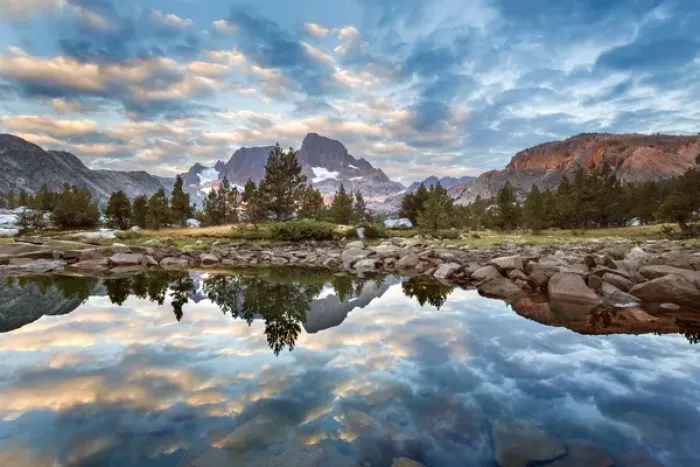 Framed Print : USA, California, Inyo National Forest. Mount Ritter and Banner Peak reflected in Garnet Lake Framed Print : USA, California, Inyo National Forest. Mount Ritter and Banner Peak reflected in Garnet Lake