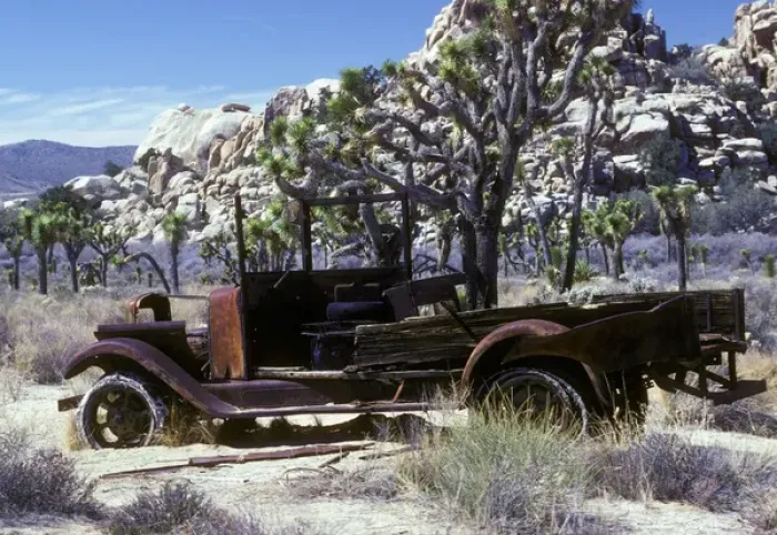 Framed Print : USA, California, Joshua Tree National Park, Old truck left behind in the harsh desert