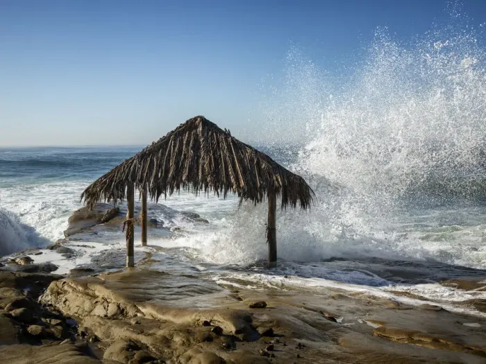 Framed Print : USA, California, La Jolla, High surf at high tide inundates Windansea Surf Shack Framed Print : USA, California, La Jolla, High surf at high tide inundates Windansea Surf Shack
