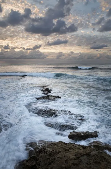 Framed Print : USA, California, La Jolla. Ocean waves and rocks at dusk