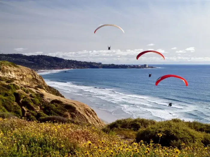 Framed Print : USA, California, La Jolla, Paragliders float toward La Jolla Shores Framed Print : USA, California, La Jolla, Paragliders float toward La Jolla Shores