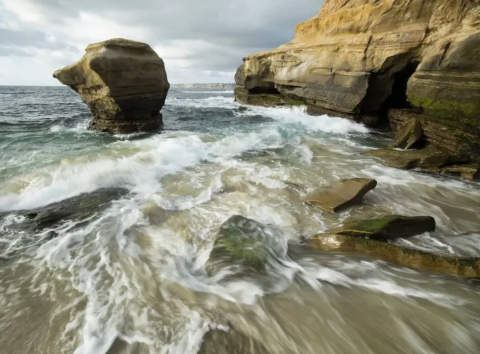 Framed Print : USA, California, La Jolla. Rock formation on Childrens Pool Beach. Credit as