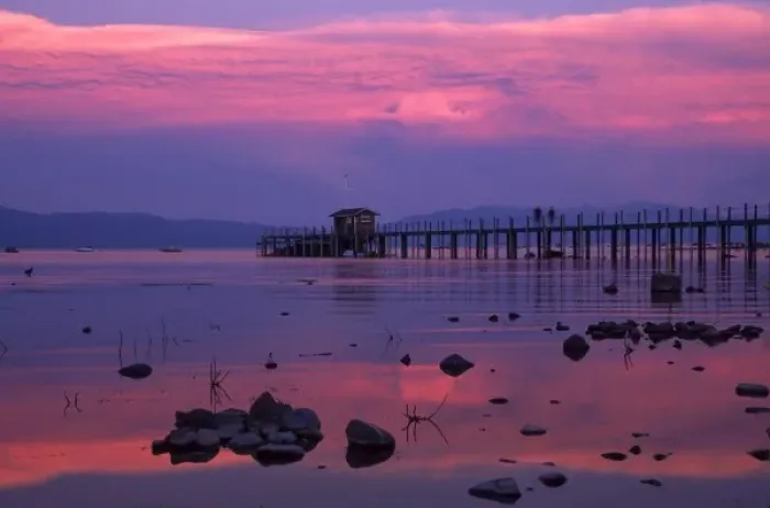 Framed Print : USA. California. Lake Tahoe. The sunset washes the water and pier in hues of pink and blue Framed Print : USA. California. Lake Tahoe. The sunset washes the water and pier in hues of pink and blue