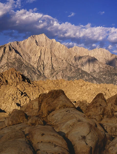 USA, California, Lone Pine. Lone Pine Peak and Mt. Whitney as seen from the Alabama Hills