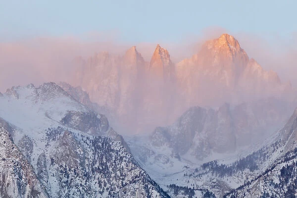 USA, California, Lone Pine. Sunrise on Mount Whitney as seen from the Alabama Hills