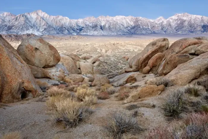 Framed Print : USA, California, Lone Pine. View of Lone Pine Peak and Mount Whitney as seen from the Alabama Hills