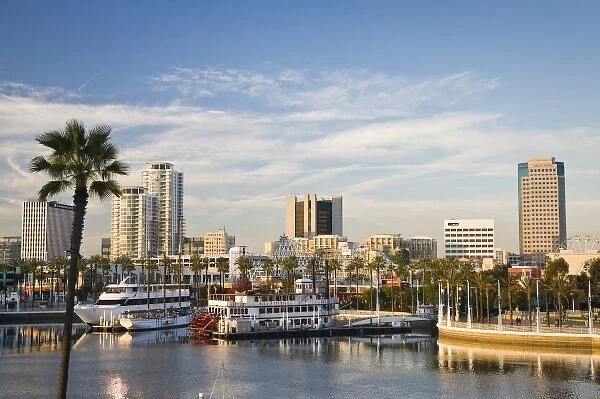 USA, California, Long Beach. Shoreline Village, marina and city view