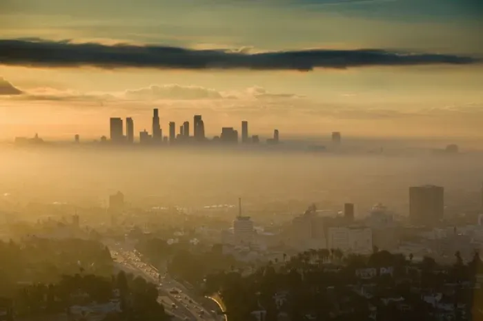 Framed Print : USA-California-Los Angeles-Downtown: Dawn View of Dowtown LA & Rt. 101 from Hollywood