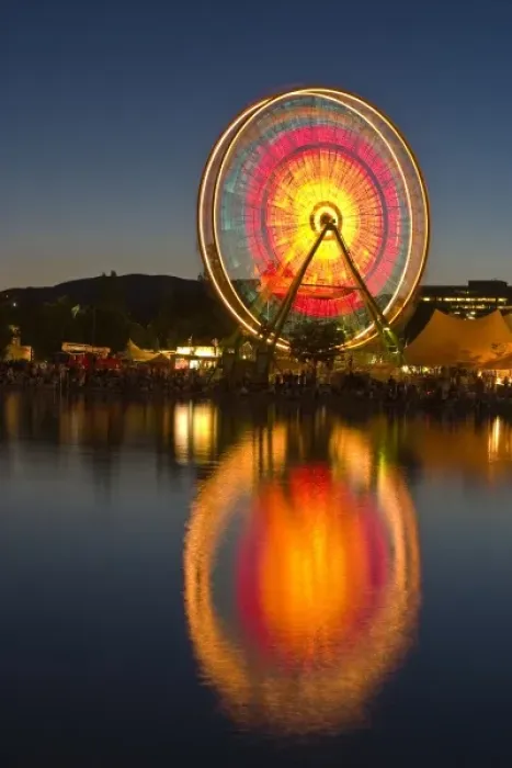 Framed Print : USA, California, Marin County. Spinning ferris wheel reflects in lake at Civic Center Fairgrounds