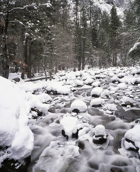 USA, California, Merced River, Yosemite Valley, Winter, Snow on Rocks, Yosemite National
