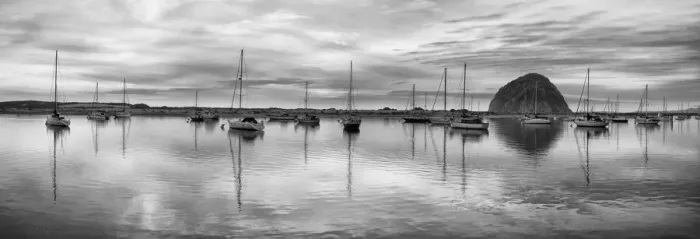 Framed Print : USA, California, Morro Bay. Panoramic view of harbor and Morro Rock at dusk Framed Print : USA, California, Morro Bay. Panoramic view of harbor and Morro Rock at dusk