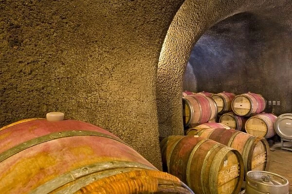 USA, California, Napa County, Napa Valley, Ruthford. Barrels in cellar at One of