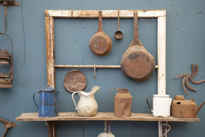 Framed Print : USA, California. Old pots, pans and water pitchers. (PR)