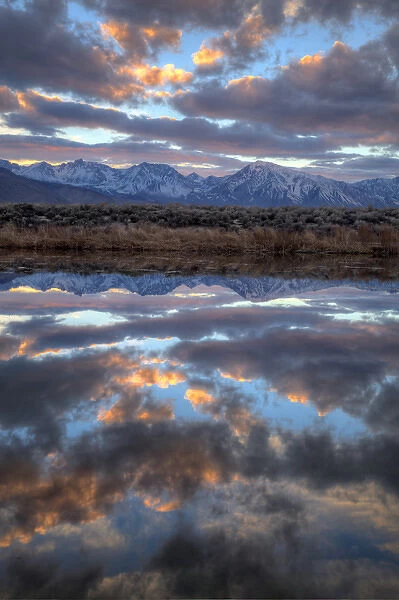 USA, California, Owens Valley. Sierra Crest seen from Buckley Ponds at sunset. Credit as