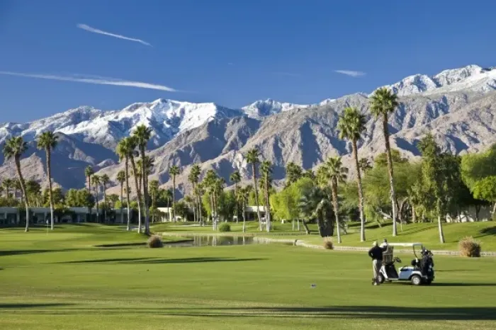 Framed Print : USA, California, Palm Springs. Desert Princess Golf Course and Mountains, winter