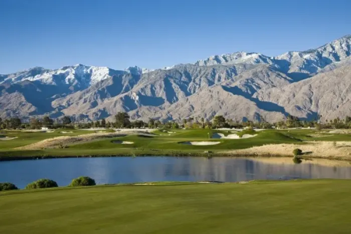 Framed Print : USA, California, Palm Springs. Desert Princess Golf Course and Mountains, winter