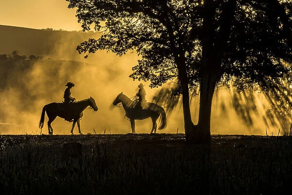 USA, California, Parkfield, V6 Ranch silhouette of two riders on horseback. Early dusty morning