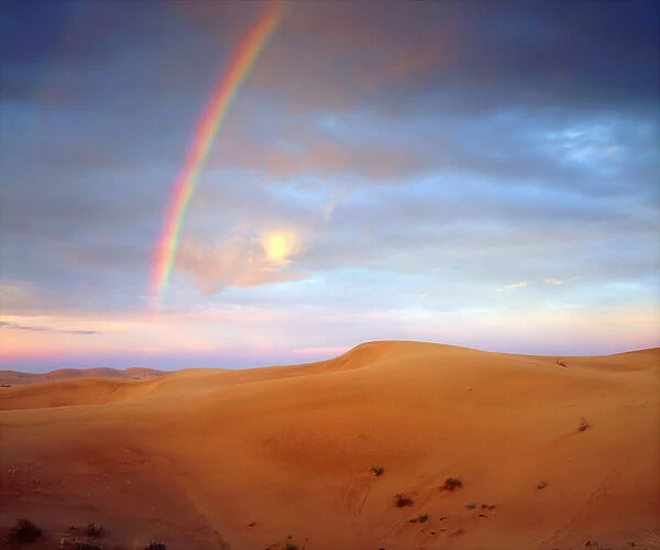 USA; California; A rainbow over Glamis Sand Dunes at Sunrise
