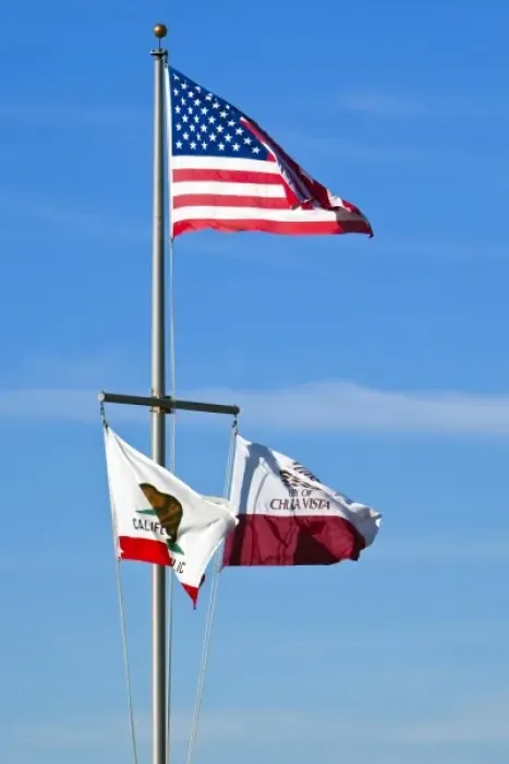 Framed Print : USA, California, San Diego, Chula Vista. Federal, state, and local flags fly on flagpole Framed Print : USA, California, San Diego, Chula Vista. Federal, state, and local flags fly on flagpole