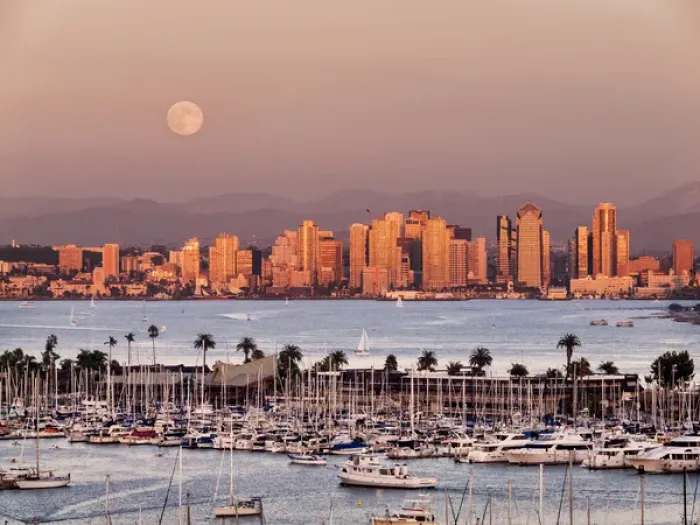 Framed Print : USA, California, San Diego, Full moon rises over boats and city on San Diego Harbor Framed Print : USA, California, San Diego, Full moon rises over boats and city on San Diego Harbor