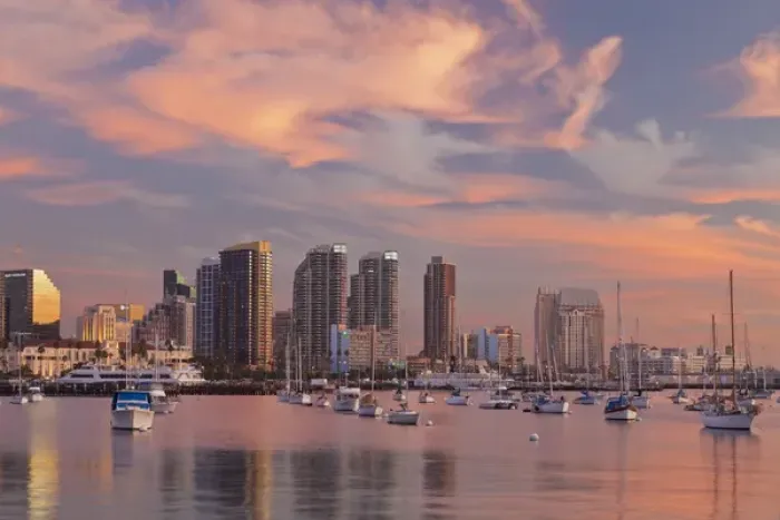 Framed Print : USA, California, San Diego. Sunset view of marina and downtown Framed Print : USA, California, San Diego. Sunset view of marina and downtown