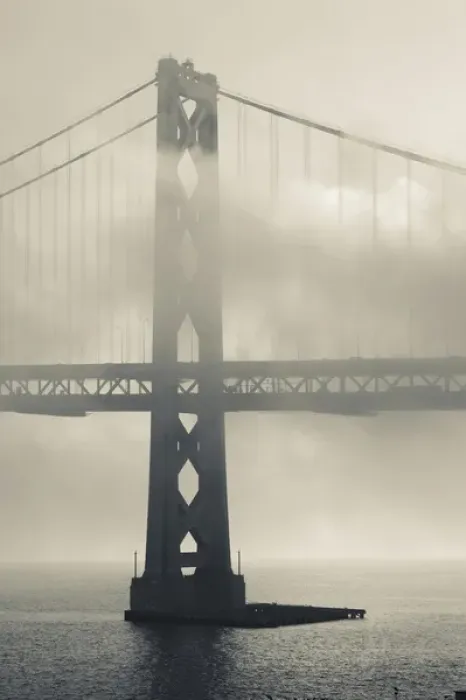 Framed Print : USA, California, San Francisco, Embarcadero, Bay Bridge in fog