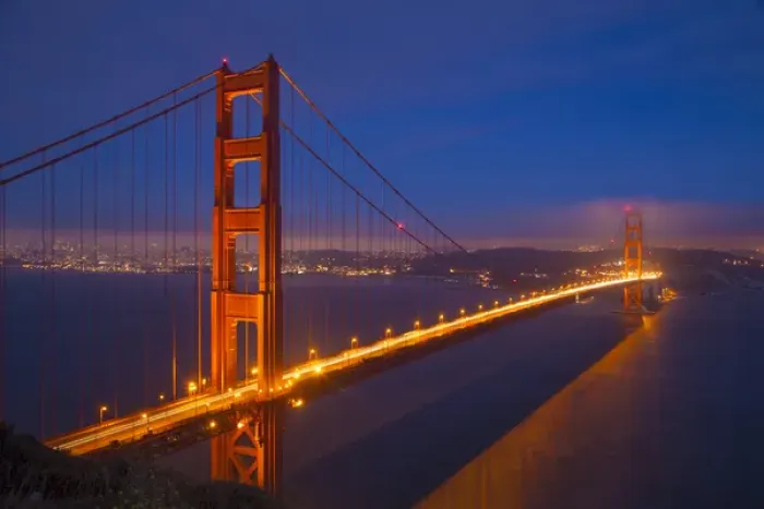 Framed Print : USA, California, San Francisco. Golden Gate Bridge lit at night