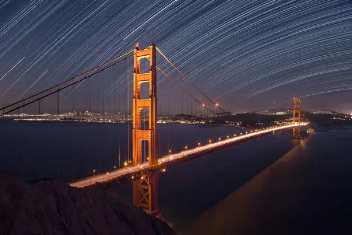 Framed Print : USA, California, San Francisco. Composite of star trails above Golden Gate Bridge