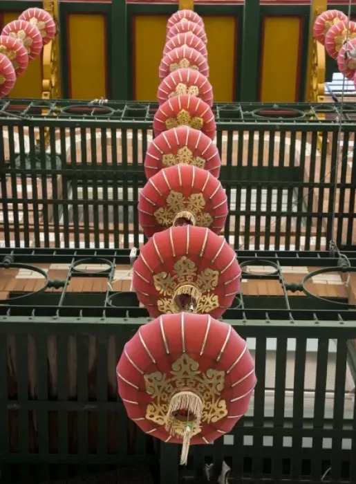 Framed Print : USA, California, San Francisco. Strings of red Chinese lanterns hanging from a balcony