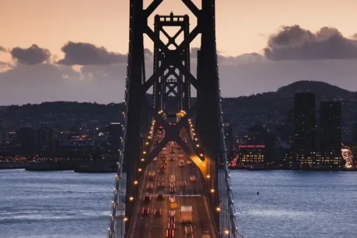 Framed Print : USA, California, San Francisco, Embarcadero, Bay Bridge from Treasure Island, dusk