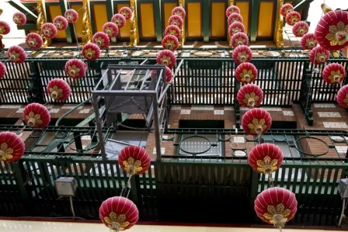 Framed Print : USA, California, San Francisco. Strings of red Chinese lanterns hanging from a balcony