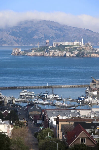 USA, California, San Francisco, Embarcadero, elevated view of Alcatraz Island