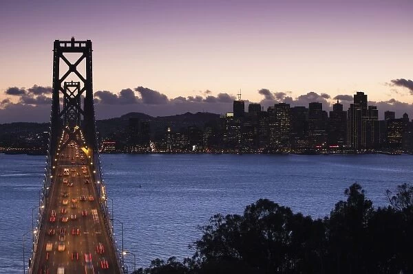 USA, California, San Francisco, Embarcadero, Bay Bridge from Treasure Island, dusk