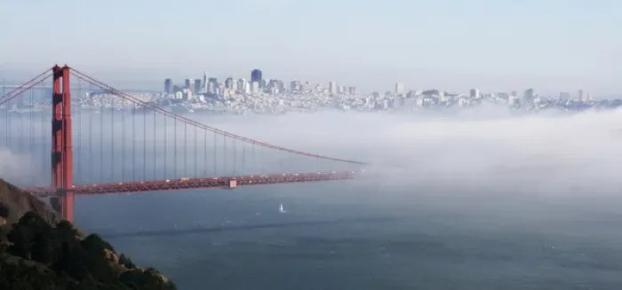 Framed Print : USA California San Francisco Golden gate Bridge Disappearing into Fog