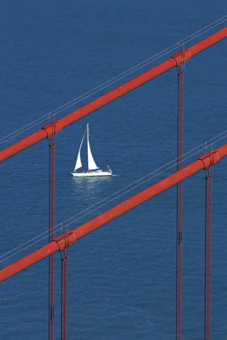 Framed Print : USA, California, San Francisco - Golden Gate Bridge and yacht, San Francisco Bay