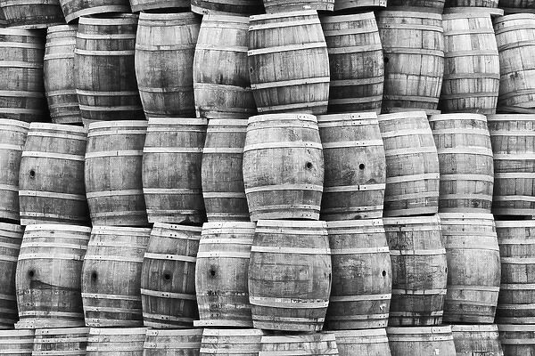 USA, California, San Luis Obispo County. Large stack of wine barrels