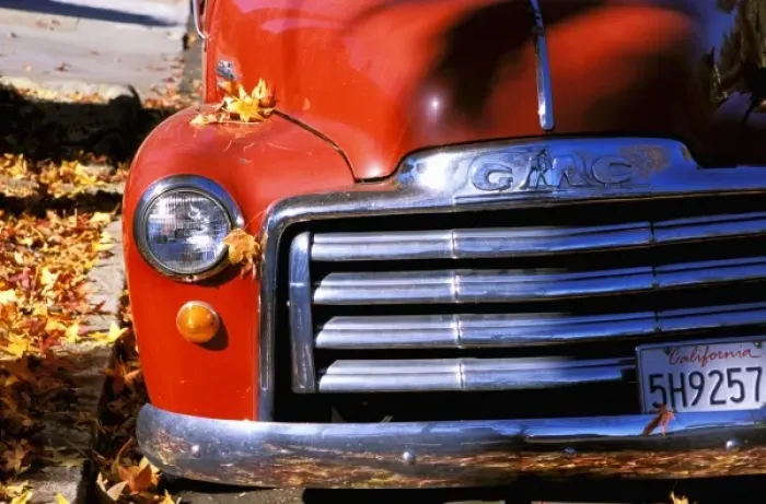 Framed Print : USA, California, Santa Barbara, Old GMC truck during fall