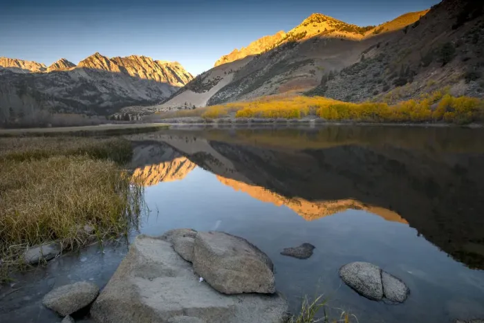 Framed Print : Usa, California, Sierra Nevada. On a freezing autumn morning, North Lake glows with aspen colors Framed Print : Usa, California, Sierra Nevada. On a freezing autumn morning, North Lake glows with aspen colors