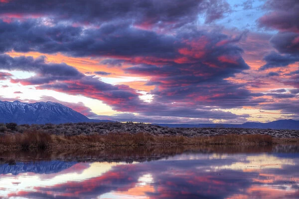 USA, California, Sierra Nevada Range. Sierra Crest seen from Buckley Ponds at sunset